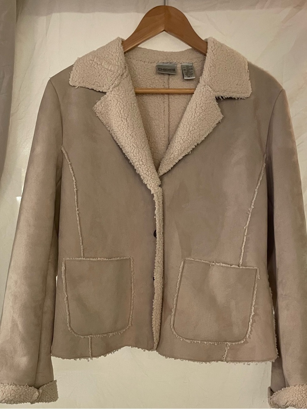 Chico's Taupe Faux Suede Teddy Jacket with Cream Sherpa Trim Size 1 in Chicos